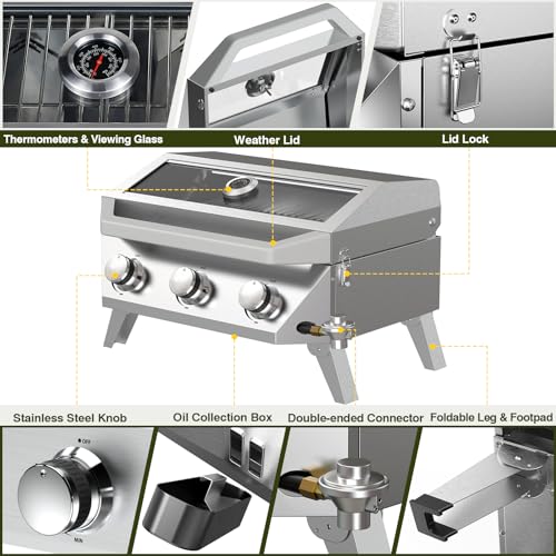 Image of BESTFIRE Portable Propane Grill, 3-Burner Tabletop Gas Grill with 2-in-1 Connection for 1lb /20lb Tanks, 30,000 BTU Stainless Steel BBQ with Observation Window & Thermometer for Outdoor, Tailgating