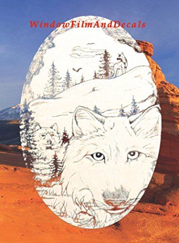 Wolf Scene Oval Etched Window Decal Vinyl Glass Cling - 8" X 12" - White With Clear Design Elements #TOP3