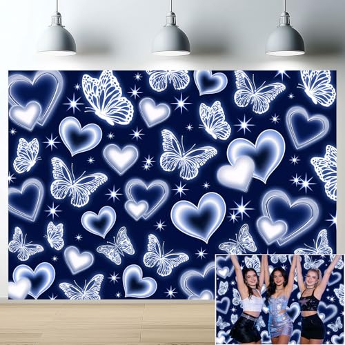 Fondo fotográfico azul 7x5 pies con diseño de corazones y mariposas miniatura 1