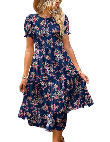 Image of YESNO Women's Summer Causal Puff Short Sleeve Smocked Dress Elastic Waist Tiered Midi Dress with Pockets EP2