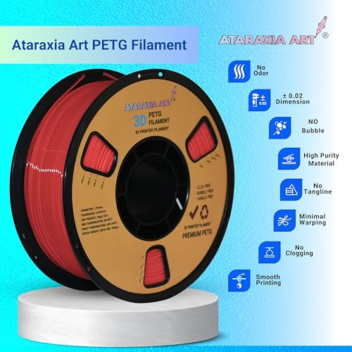 Image of ATARAXIA ART RED PETG Filament 1.75mm, 3D Printer Filament, 1Kg /2.2lb Winded Spool, Dimensional Accuracy ±0.02mm,with Filament Storage Vacuum Bag, Fit Most FDM 3D Printer, Pantone Matched, PETG RED