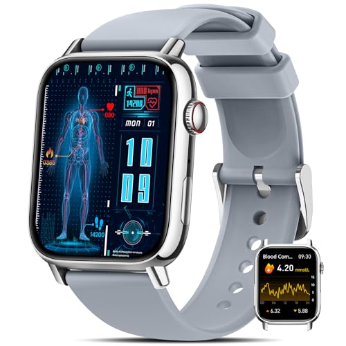 NAIXUES Reloj Inteligente Hombre Mujer 𝐆𝐥𝐮𝐜𝐨𝐬𝐚, 1.83'' Smartwatch con 𝐆𝐥𝐮𝐜𝐞𝐦𝐢𝐚/𝐄𝐂𝐆/𝐇𝐑𝐕Presión Arterial/Estrés/SpO2/Sueño, IP68 Pulsera Actividad para Android iOS, Plata