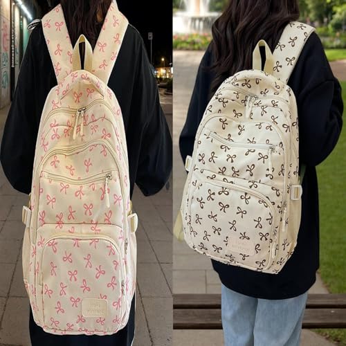 Bow Backpack 3Pcs Set for Girls,Aesthetic Daypack Bow Rucksack,New Cute Kawaii Backpacks Set Large Capacity (White Pink)4