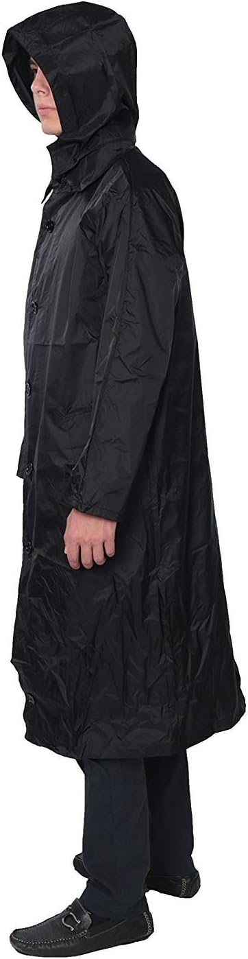 Mens 100% Nylon Long Raincoat - Zip in Hood - with Travel Pouch