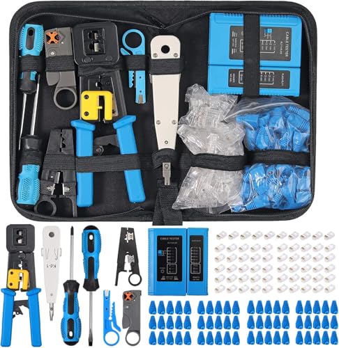 Image of SmartTech RJ45 Crimping Tool Kit with Cable Tester Wire Stripper Punch Down Tool RJ45 Connectors LAN Ethernet Network Tool Set for Cat5 Cat6 Cable Repair Cutter Crimper All in one PassThrough Combo