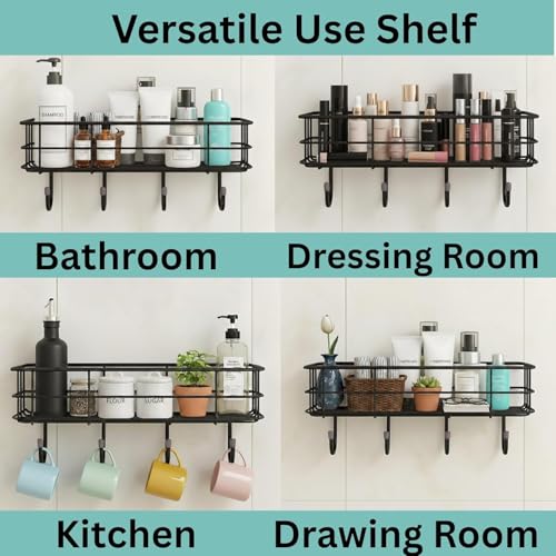 Image of PulGos Pack-2 Multipurpose Wall Shelf with 2 Adhesive Hooks - Durable Mounted Storage Rack for Bathroom, Kitchen & Toilet, Space-Saving, Wall Stand Organizer for Home & Office Use Without Drill