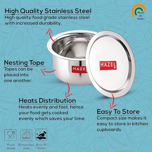 Image of HAZEL Stainless Steel Tope with Lid, Set of 3 | Heavy Gauge Flat Bottom Patila with Lid Combo 300ml, 500ml & 700ml | Durable Boiling Pots for Milk, Tea & Daily Cooking - Silver