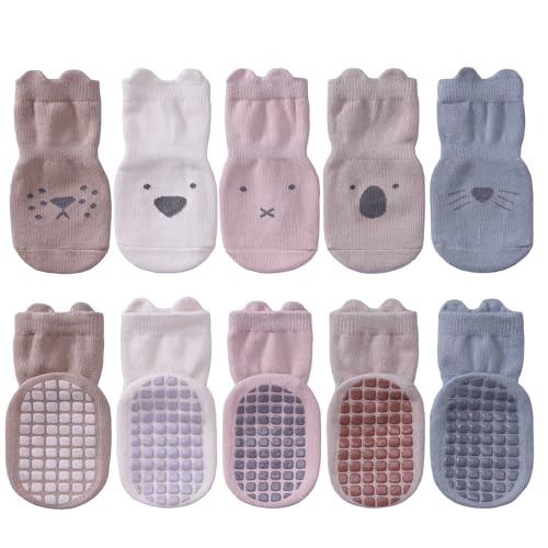 Image of NOCIN COLOR Toddler No Slip Socks Cute Warm Baby Socks Anti-Slip with Grips Cotton Socks for Girls Boys (5 Pairs Cute Animal,6-12 Months)