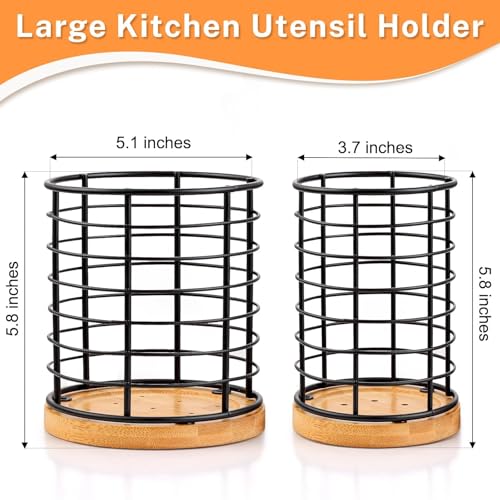 hunnycook 2-Piece Utensil Holders - 5.1*5.1*5.8 and 3.7*3.7*5.8 inches Kitchen Utensil Holders, Metal Black Crocks with Wooden Base, Easy to Drain — view 2