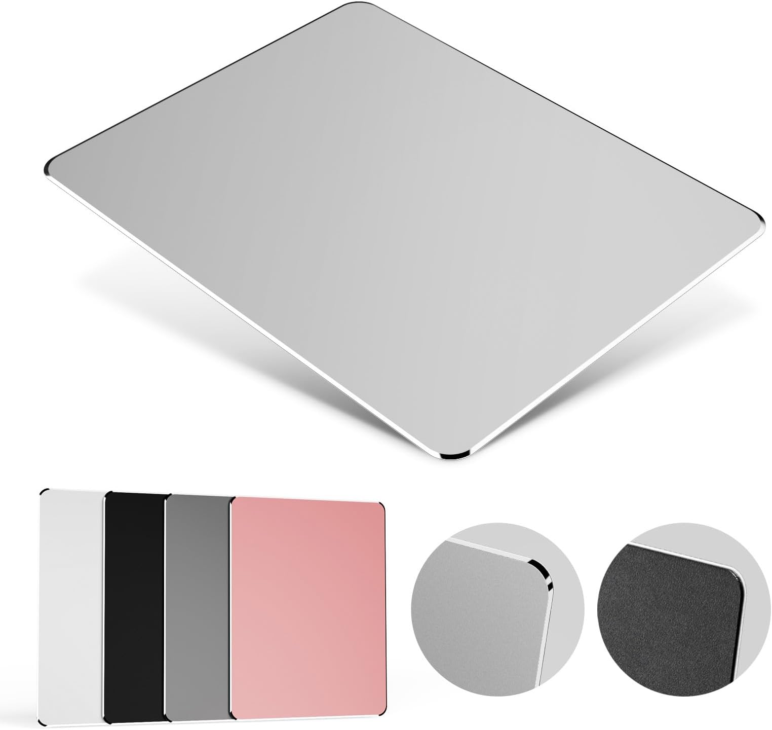 HONKID Metal Aluminum Mouse Pad, Office and Gaming Thin Hard Mouse Mat Double Sided Waterproof Fast and Accurate Control Mousepad for Laptop, Computer and PC,9.45 X 7.87 Inch,Silver