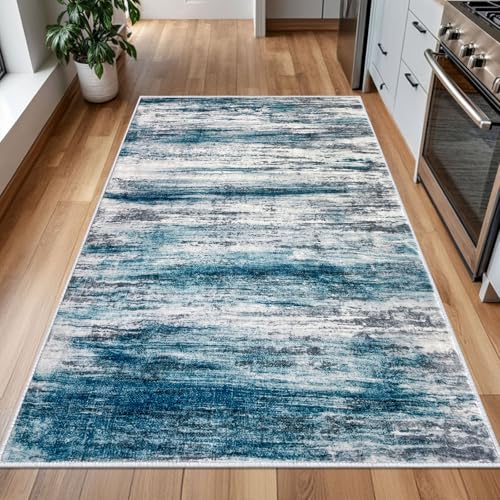 KOZYFLY 4x6 Area Rug Modern Ombre Rugs for Bedroom, Washable Rug Non-Slip Soft Striped Living Room Area Rug, Print Distressed Grey-Blue Abstract Carpet for Laundry Nursery