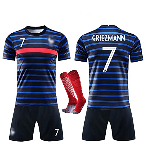 RONGLI Maillots de Football T-Shirt 2 etoiles Vetements de Football avec Chaussettes et Accessoires Chemise de Football pour Hommes Enfants,T24(Taille 130-140),Bleu 7 Griezmann New Cover