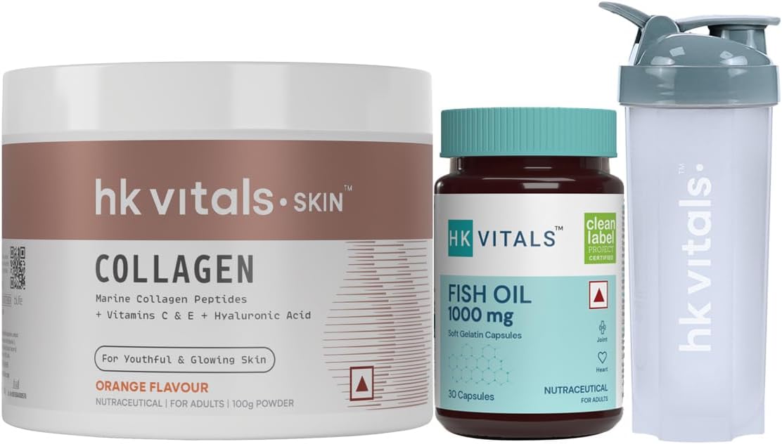 HealthKart HK Vitals Skin Radiance Collagen Powder (Orange,100 g), Omega 3 Fish Oil (1000 mg Omega 3 with 180 mg EPA & 120 mg DHA), 30 Fish Oil Capsules & 650 ml Shaker (Combo Pack)