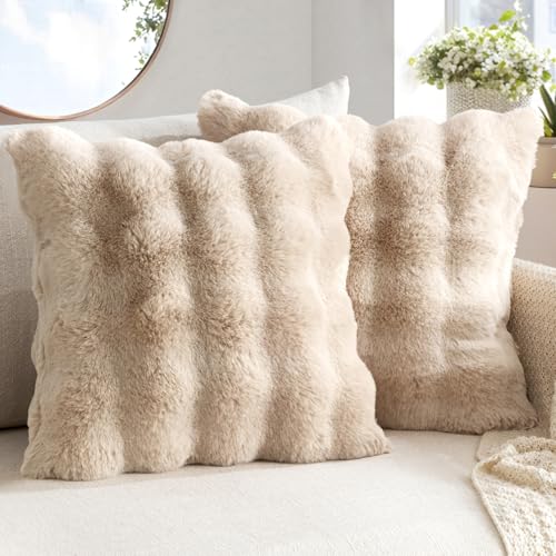 MIULEE Pack of 2 Faux Fur Fluffy Pillow Covers 18x18 Inch Khaki