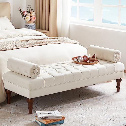 Batohom 60.2" End Of Bed Bench,Large Size Velvet Bench For Bedroom,Upholstered Window Bench With Button-Tufted,Entryway Bench,Storage Bench For Living Room(Beige) #TOP1