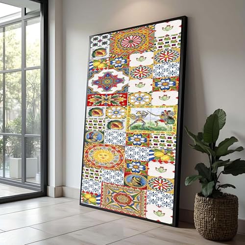 Tableau sur toile mosaïque méditerranéenne céramique colorée cuisine 40x70cm avec cadre