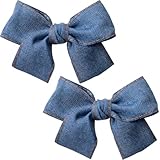 Winsyison 2pcs Bow Denim Hair Clips, Vintage Bow Barrettes for Women, Non-Slip Bowknots Hairpin Accessories for Thick Thin Fine Curly Straight Long Hair- Blue