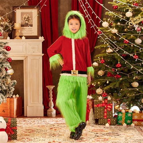 Disfraz de niño monstruo verde con capucha Navidad miniatura 5