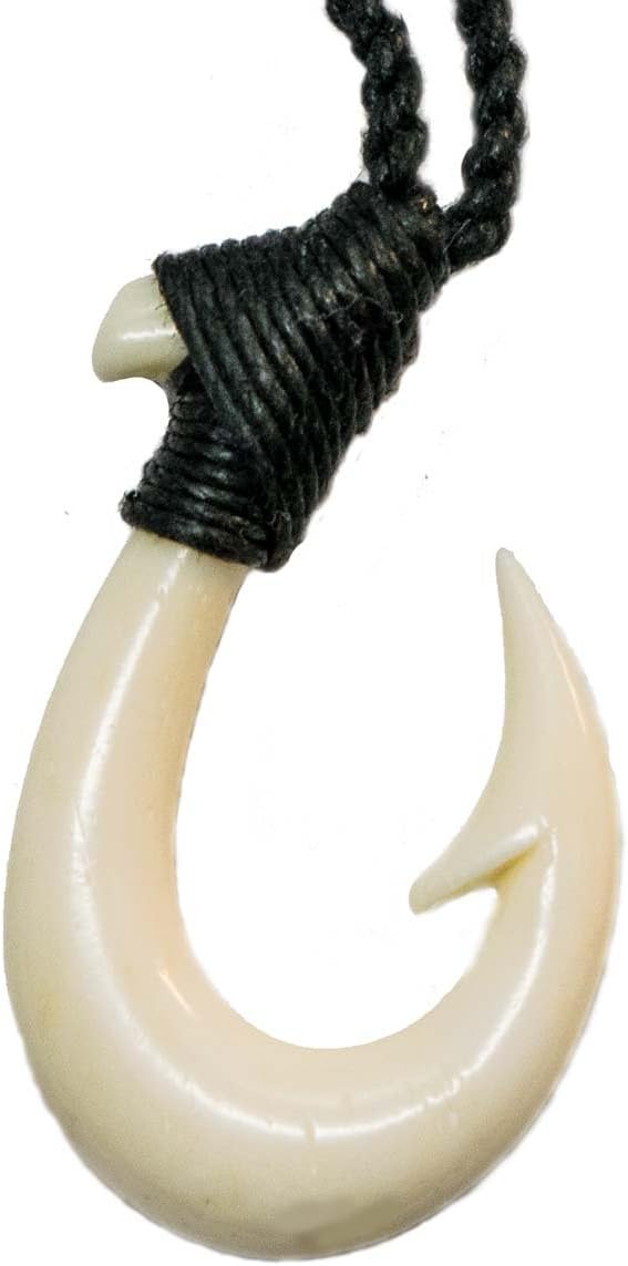 Small Hawaiian Hand Carved Bone Fish Hook Necklace w/Black Cord.