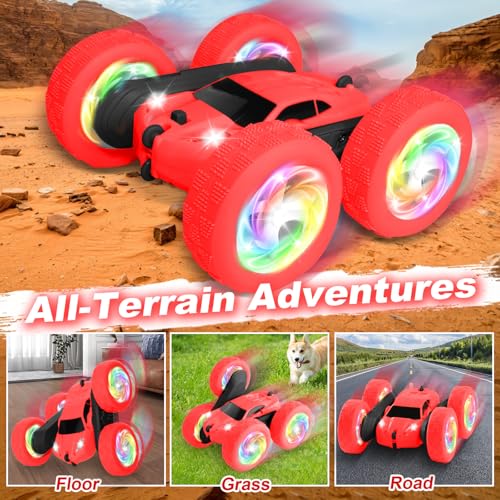 Image of Remote Control Car, Outdoor Toys RC Cars for Kids Ages 6-12, 4WD Double Sided Stunt Vehicle with Upgraded USB-C Modular Batteries, 5 6 7 8 9 10+ Year Old Boy Birthday Red