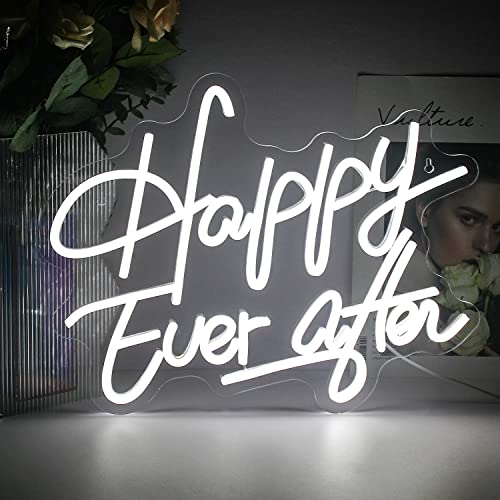 ineonlife Happy Ever After Neon Schild Weißer Buchstabe LED Neonlichter für Schlafzimmer Wanddekoration Wörter USB Powered Neon Schilder für Raumdekoration Ästhetik Cover