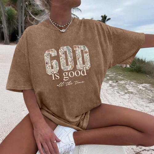 Image of Christian God is Good Shirts for Women Jesus Faith Religious T Shirts Floral Graphic Oversized Acid Washed Tee Tops