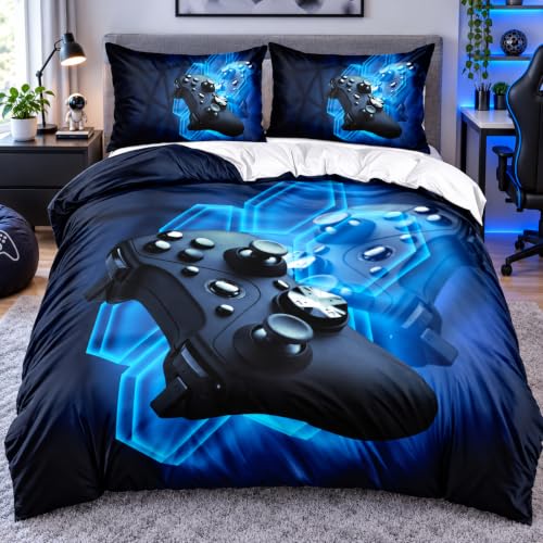 Holiyjog 3D Print Gamepad Duvet Cover Set Gaming Comforter Covers and Pillowcases King Size Black Color Bed Set Gamer Beddings Boy Kid Bedroom Decorations…