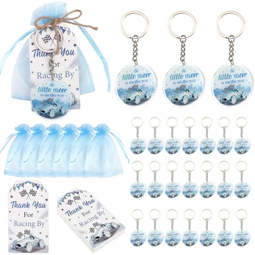 Voiture de course de baby shower : lot de 24 porte-clés avec sacs organza