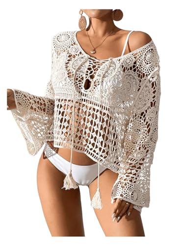 SweatyRocks Women's Hollow Out Crochet Swimsuit Coverup Bell Long Sleeve Loose Cover Up Top3