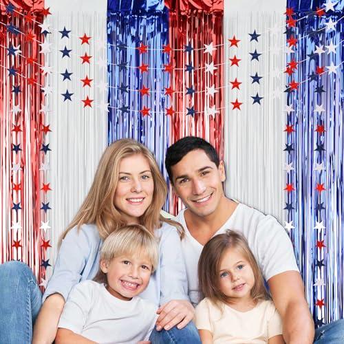 Image of 4th of July Decorations Set: 8 Strands Patriotic Star Streamers Banner Garland + 2 Pack 3.28Ft x 6.56Ft Metallic Tinsel Foil Fringe for Independence Day Memorial Day