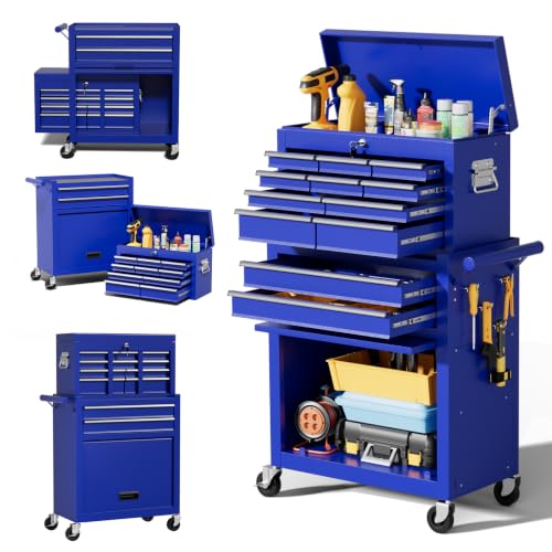 12-Drawer Rolling Tool Chest with Wheels, 46”, Blue | Heavy Duty Steel, 2 in 1 Lockable Tool Box, Portable Garage Storage Organizer, Includes Dividers, Liners and Side Hooks