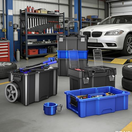 Image of 3 Tier Rolling Tool Box With Wheels,Stackable Tool Box with Removable Cup Holder,Portable Toolbox with Foldable Handle and Top Parts Box,Garage Storage Tool Organizer for Garage & Workshop
