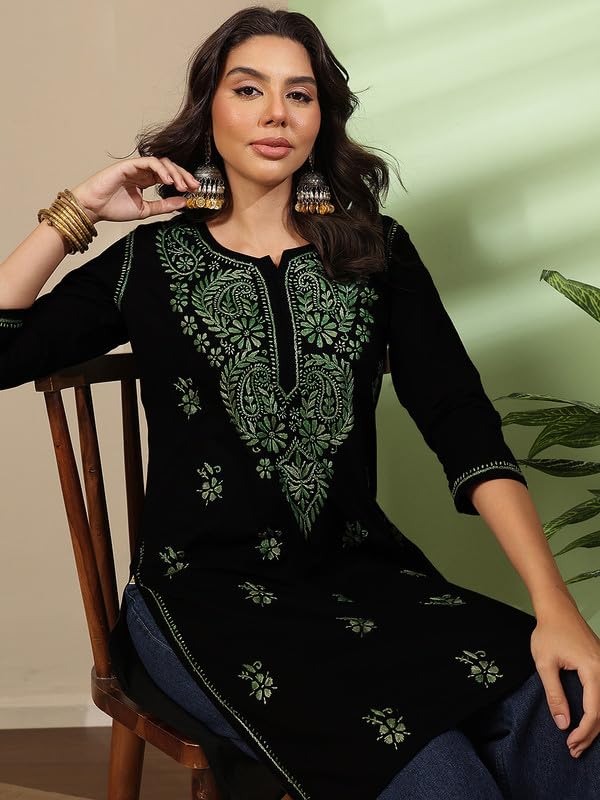 Image of Ada Hand Embroidered Lucknowi Chikankari Cotton Kurta Kurti for Women A411191