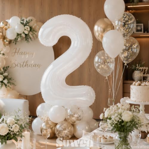 Image of SUWEN 40 Inch White Large 2 Balloon Number Big Foil Helium Numbers 0-9 | Giant Jumbo Happy 2nd Birthday Party Decorations for Men or Women Huge Mylar Anniversary Party Supplies