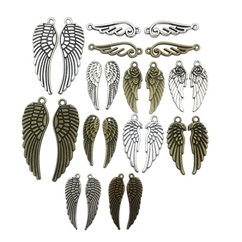 Youdiyla 54 PCS Pair Wing Charms Collection - Mixed Antique Silver Bronze Twain Couple Angel Eagle Wing Metal Alloy Pendants for Jewelry Making DIY Findings (HM83)