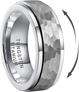 TUTISS 8mm Silver/Black/Gold Spinner Tungsten Titanium Fidget Rings for Men Women Anxiety Released Hammered Design Engagement Wedding Band Stepped Edges Comfort Fit