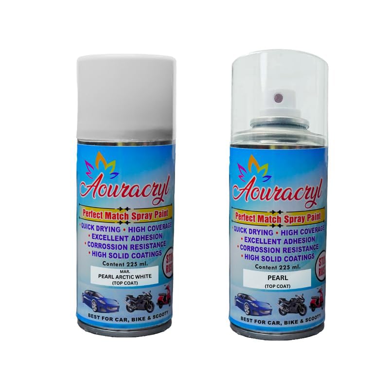 AOURACRYL Pearl Arctic White Spray Paint | RC Color-Matched Base Coat + PC | Compatible for Maruti Swift, Dzire, Ertiga, WagonR, Ciaz, Baleno, Brezza, Alto, XL6, Eeco (Before 2023 model) 225ml (Pack of 2) | Fast-Drying, High-Gloss Finish