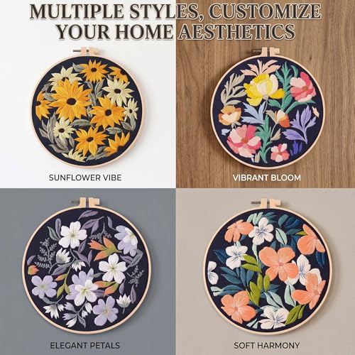 Image of Harimau Adult Beginner Embroidery Starter Kit, Complete Set with 4 Patterns, 2 Hoops, Needles, Scissors, Instruction Guide & Stitching Video Tutorials