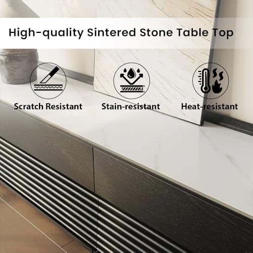 Image of POVISON Fully-Assembled Mid Century Glossy Sintered Stone Tabletop TV Stand with Legs, Wood Media Console with Adjustable LED Light for 65-inch TVs, Entertainment Center with Storage for Living Room