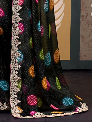 Image of SIRIL Women's Chiffon Bandhani Printed Saree, Sequence Embroidery Border