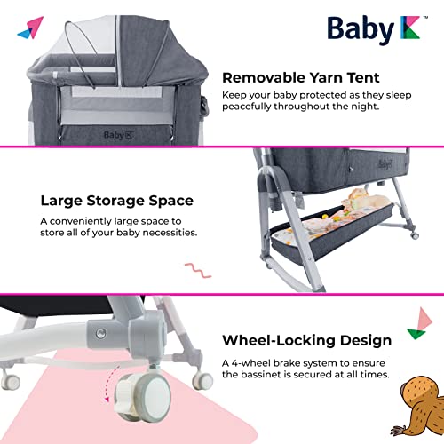 Baby K Baby Bassinet Bedside Sleeper (Grey) - 3 In 1 Bedside Bassinet Crib Attach To Bed - Convertible Bassinet With Breathable Attached Mesh Side And Mattress - Baby Co Sleeper For Bedside For Infant #TOP6