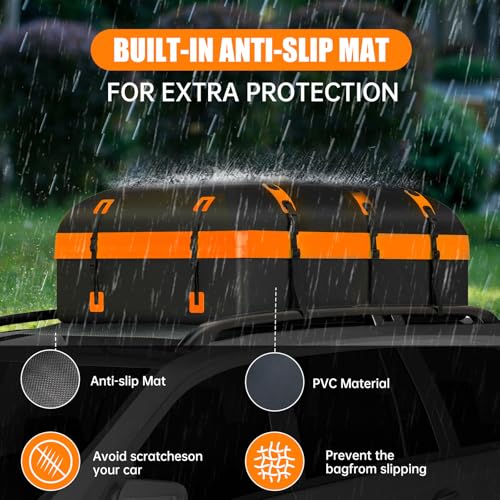 Image of Car Rooftop Cargo Carrier Bag, 30 Cubic Feet Waterproof Soft-Shell Car Roof Bag for All Vehicle with /Without Rack, Include Anti-Slip Mat, Reinforced Straps, Door Hooks Luggage Lock (Orange)