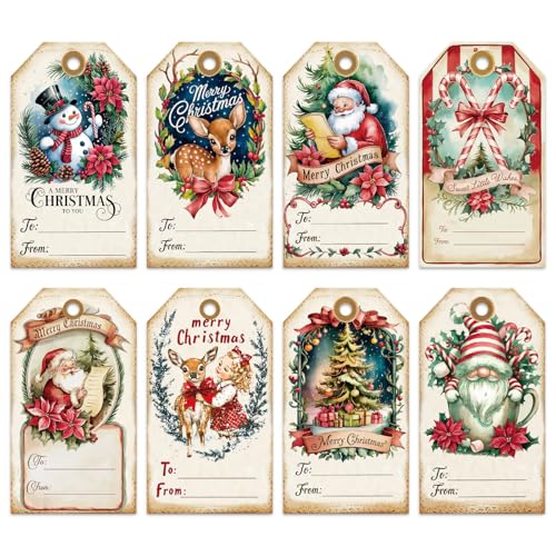 Whaline 120 Pcs Vintage Christmas Paper Tags Santa Snowman Gnome Hanging Labels Retro Name Tags with Hemp Rope for Winter Xmas Party DIY Crafts Supplies 8 Designs