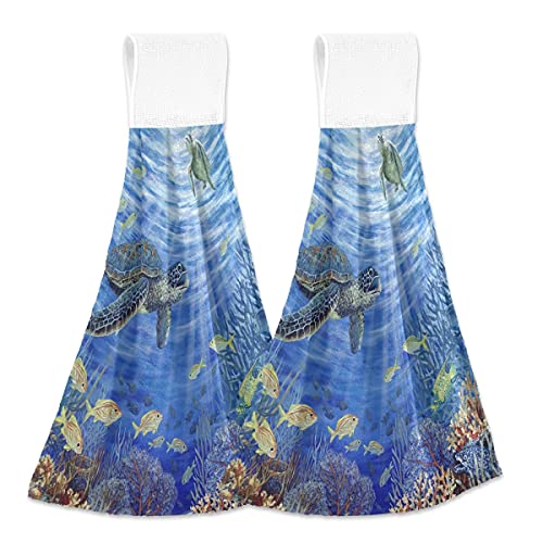 Sea Turtle Hand Towels 2 Pack Coral Reef Fishes Print Dish Towels Soft Absorbent Hanging Tie Towels For Kitchen Restroom Home Decor #TOP10
