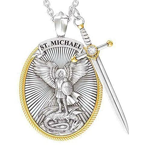 The Archangel Saint Michael/Oval Medal Necklace Protection Prayer Pendant Necklace Seal Solid with A Sword Pendant Necklace -1PCS