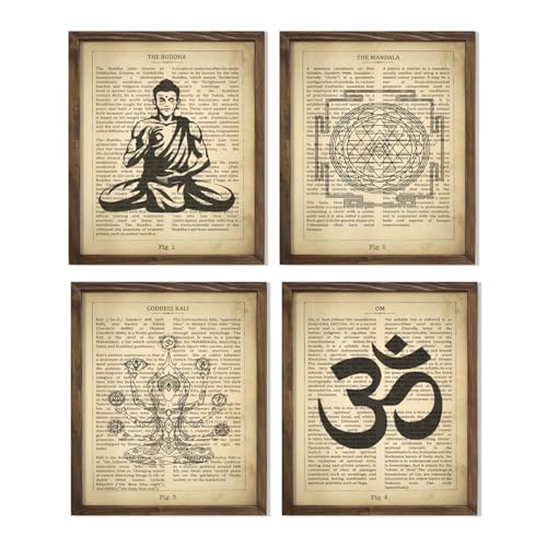 Vintage Yoga Definition Art Print Set Featuring Seated Buddha Goddess Kali Om Symbol Mandala for Yoga Studio Zen Meditation Decor, Buddhism Hindu Spiritual Accent, Home Office Nursery Bedroom Living Area Entryway Wall Art, Young Yogi Practitioner Teacher Appreciation Gifts - 8x10 Unframed Print Set