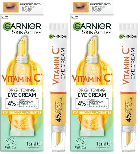 Garnier Vitamin C Eye Cream for Dark Circles, 4% Vitamin C, Niacinamide, Banana Powder, Caffeine, Brightening Eye Treatment For Dark Circles, Under Eue Bags And Puffiness, 15ml (Pack of 2)