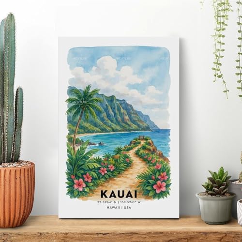 Kauai Poster de voyage aquarelle vintage pour chambre et maison