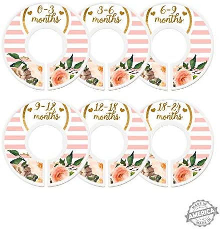 Modish Labels Baby Clothes Size Dividers, Baby Closet Organizers, Size Dividers, Closet Organizer, Closet Dividers, Clothes Organizer, Girl, Flowers, Hearts, Pink, Gold, White, Stripes (Baby)