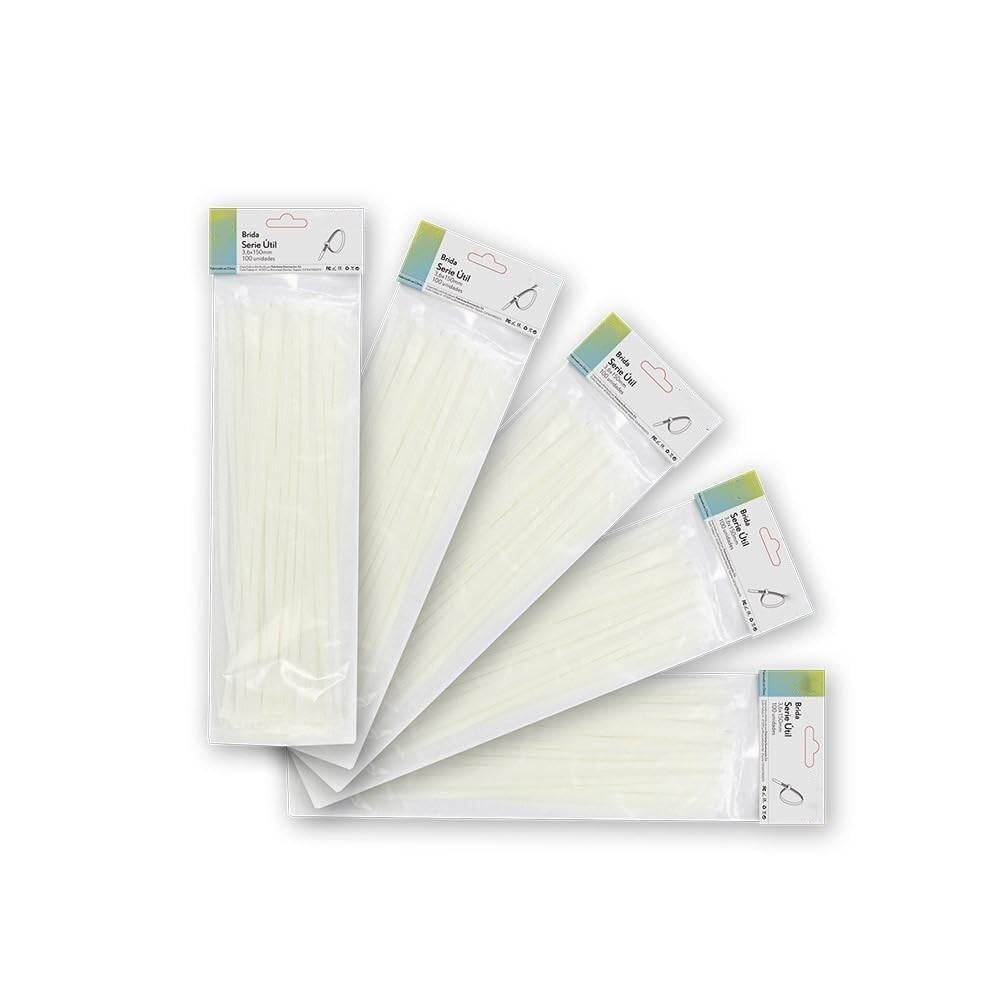 Bag of 100 White Cable Ties 3.6x200mm, 100% Nylon 66, Strong and Durable for Fixing and organizing Cables and Objects.